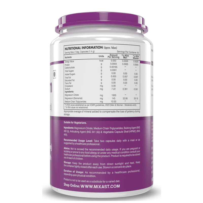 Magnesium Citrate 120 Vegetable Capsules - Supports Bone Health, Energy, and Muscle Function