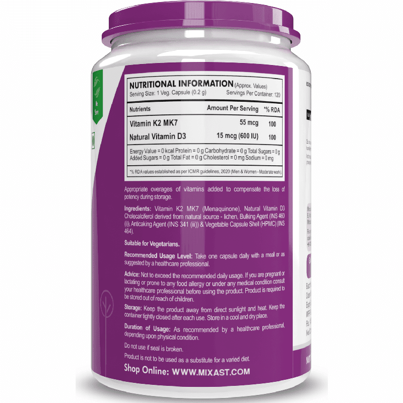 MIXAST® Natural Vitamin K2 + Natural D3,Supports Bone Health - Non-GMO | Non-Synthetic 120 Veg. Capsules