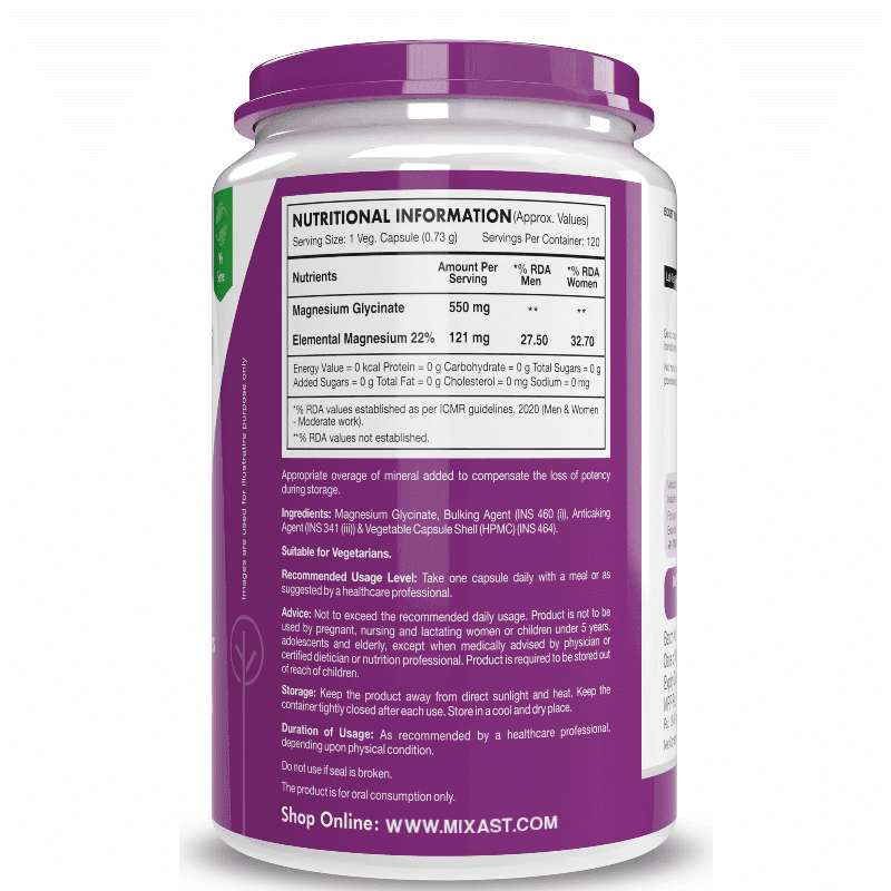 MIXAST® Magnesium Glycinate High Absorption for Sleep, Cramps, & Nerves Health -550mg