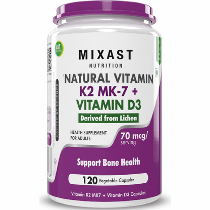 Natural Vitamin K2 + Natural D3,Supports Bone Health - Non-GMO | Non-Synthetic 120 Veg. Capsules
