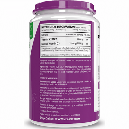 Natural Vitamin K2 + Natural D3,Supports Bone Health - Non-GMO | Non-Synthetic 120 Veg. Capsules